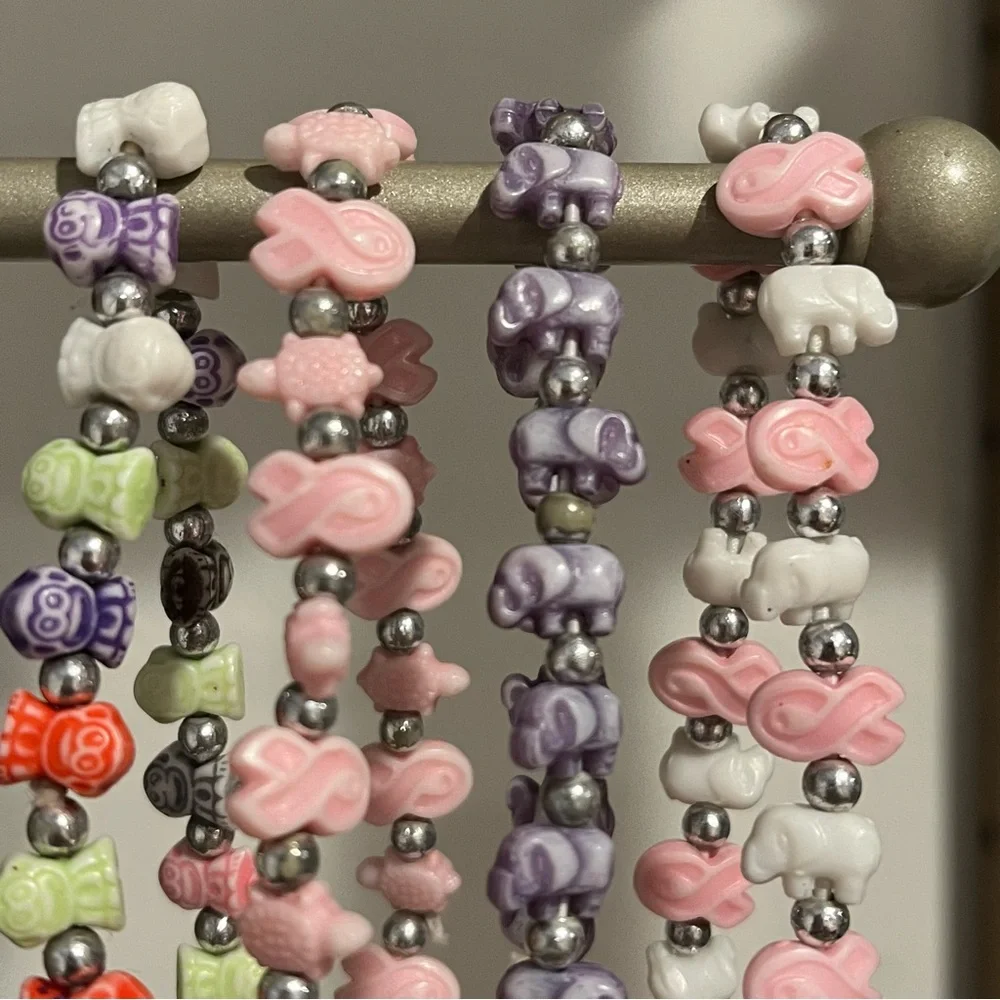 Trrtlz Collectible Beaded Stretch Bracelets -Monkey Elephant Turtle Pink Ribbons